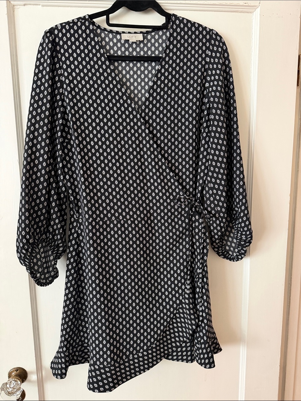 LOFT Black and White Printed Wrap-Style Dress